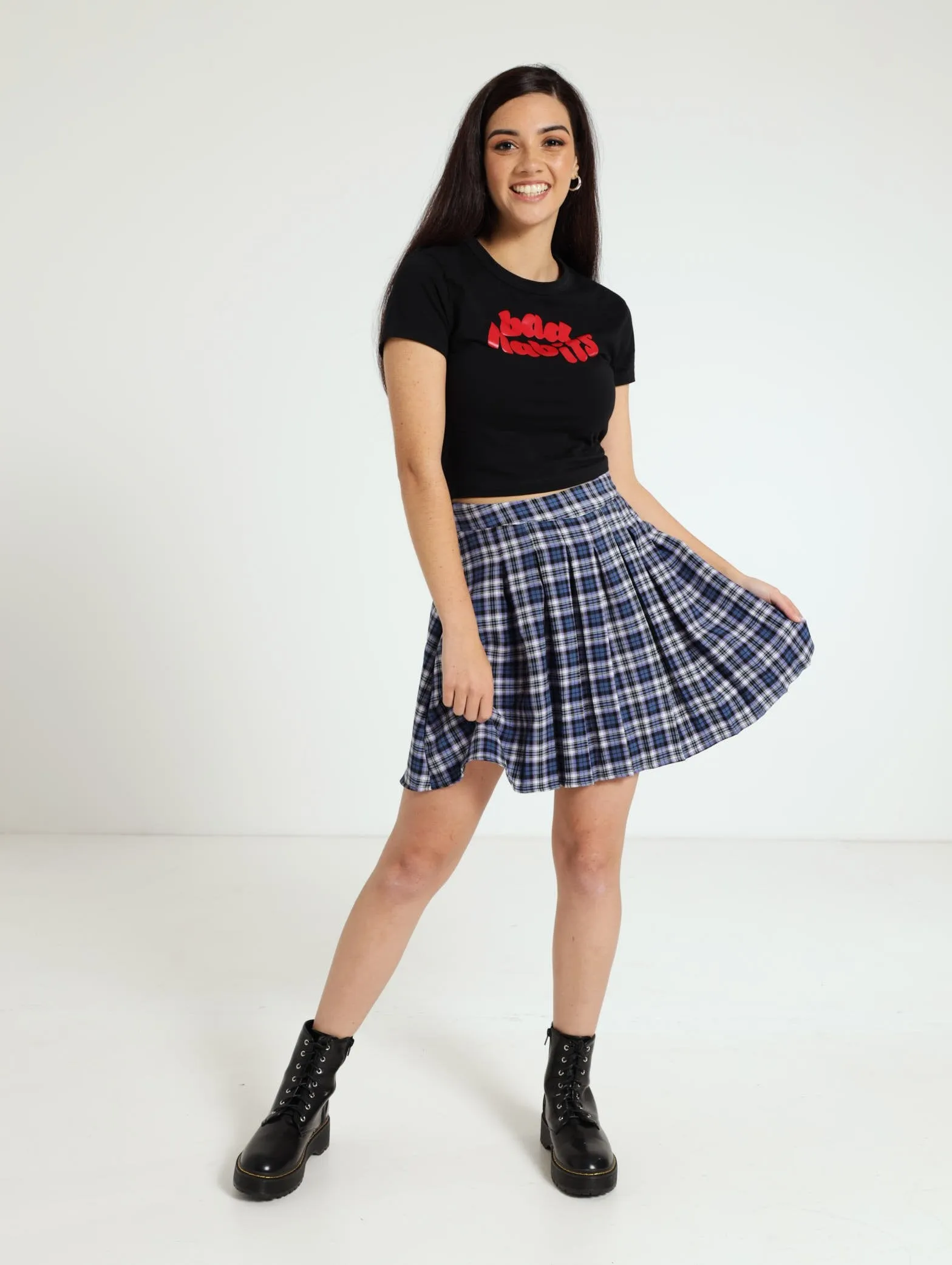 Check Pleated Skirt - Cobalt