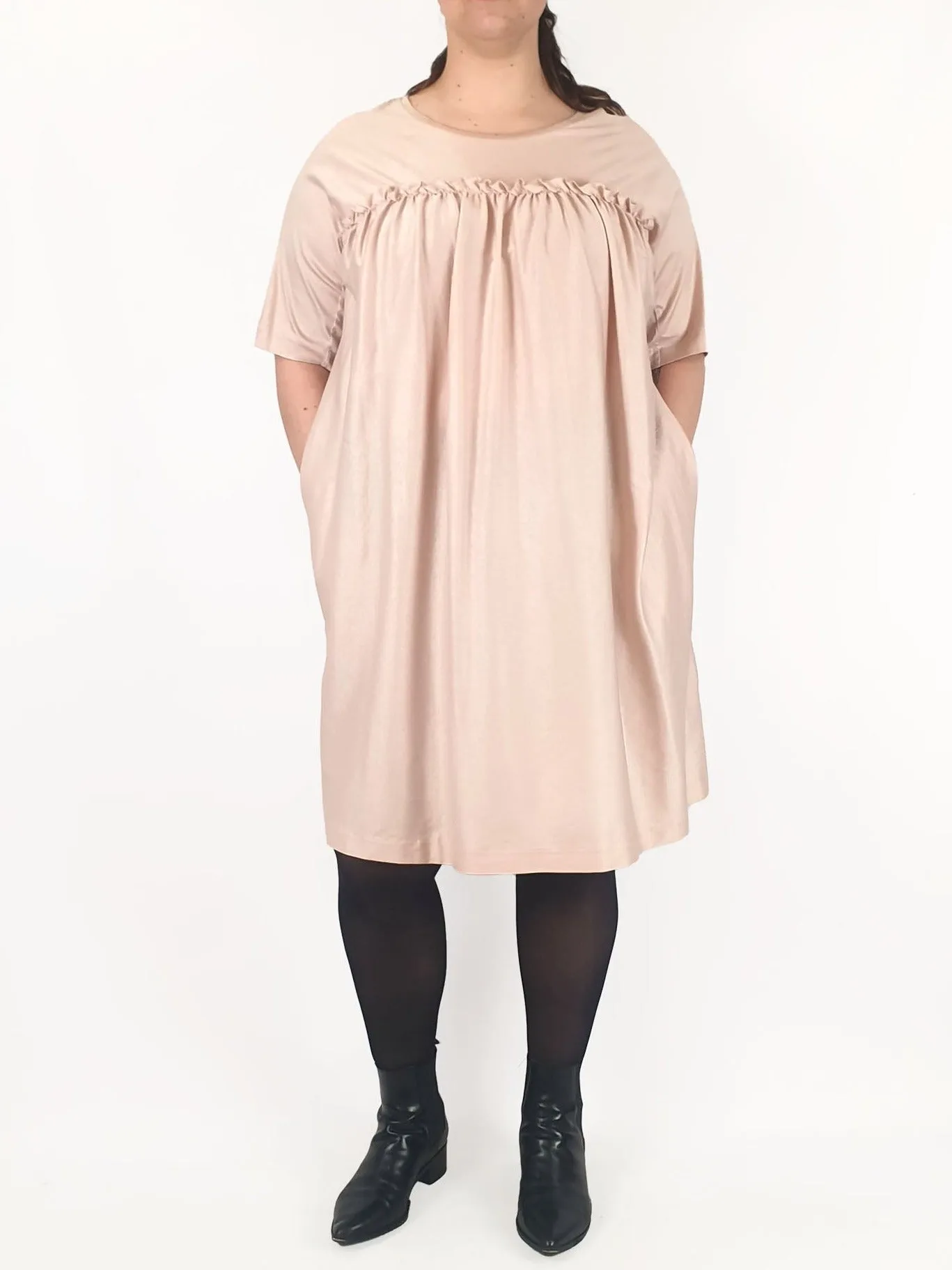 Cos pink pre-owned fancy tee shirt dress with pockets and lovely front frill detail size L (best fits 14)