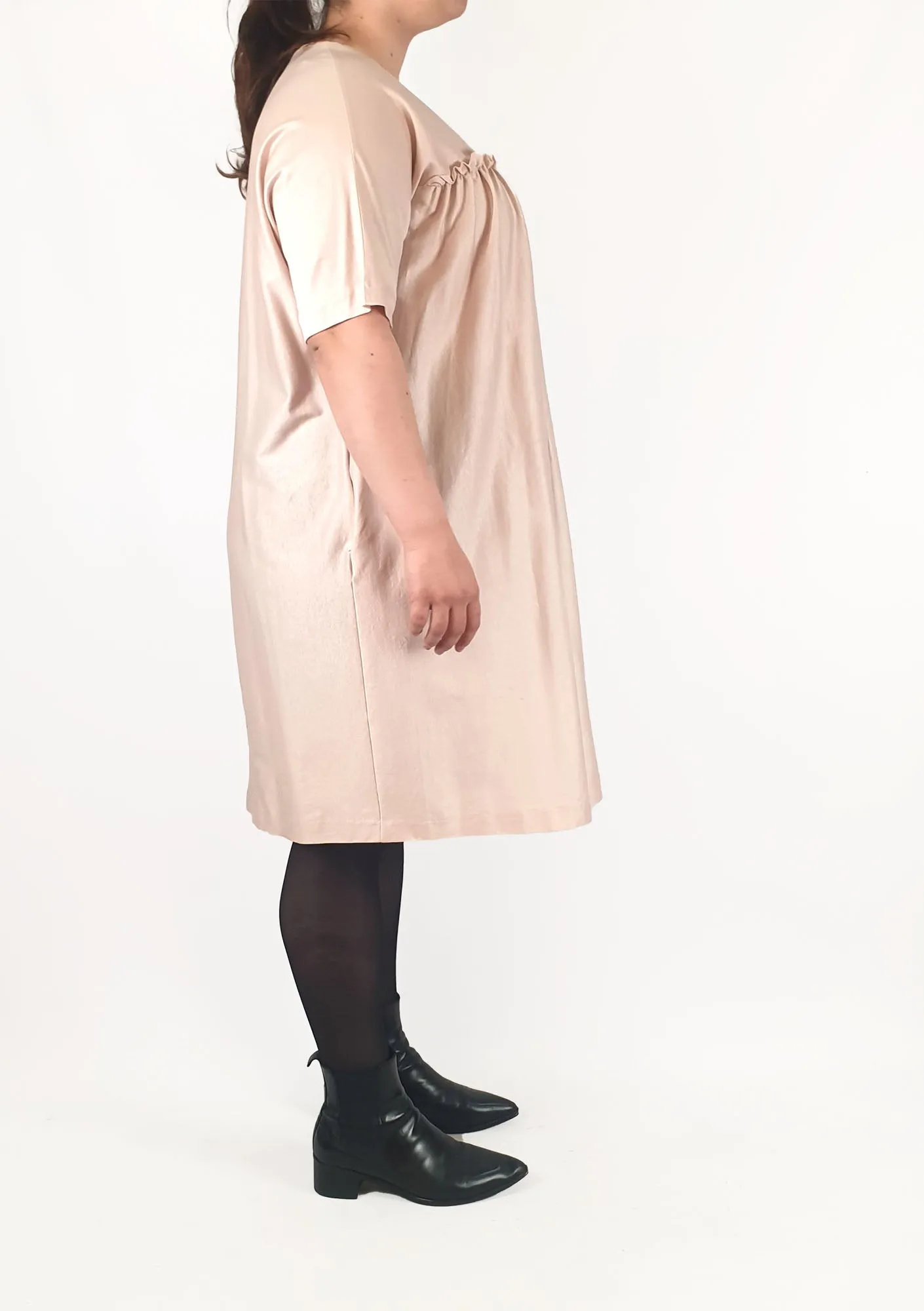 Cos pink pre-owned fancy tee shirt dress with pockets and lovely front frill detail size L (best fits 14)