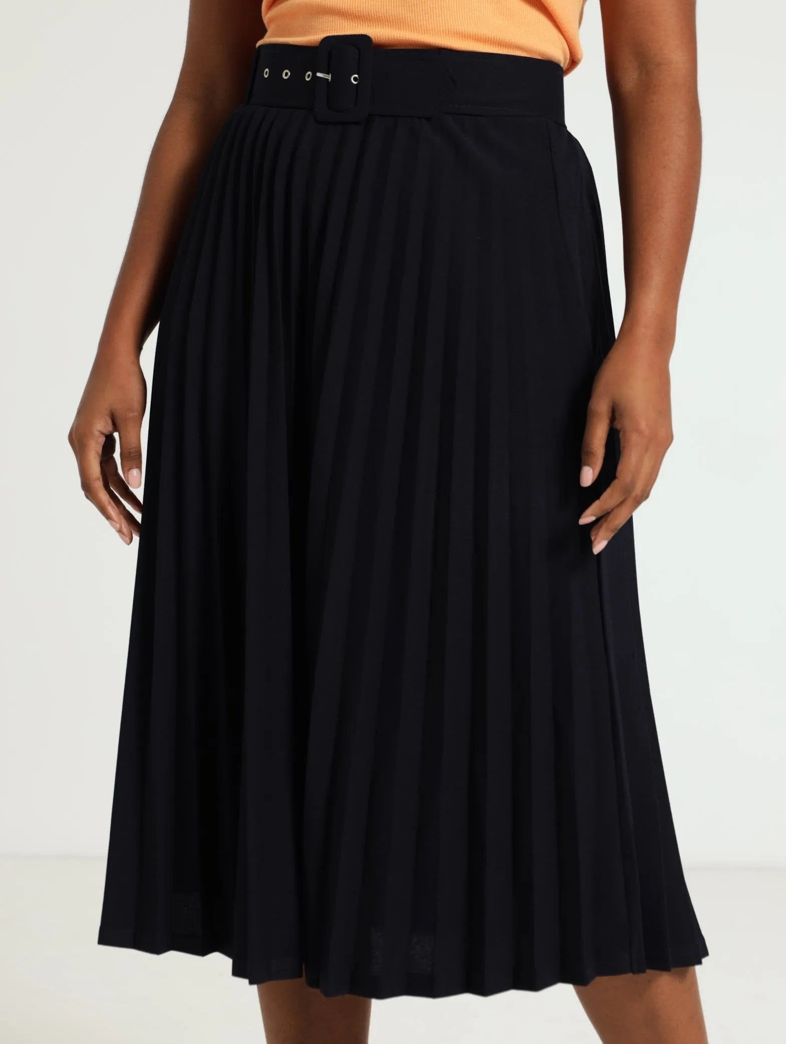 Covered Belt Pleated Midi Skirt - Navy