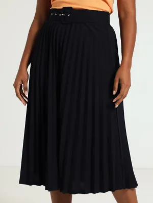 Covered Belt Pleated Midi Skirt - Navy