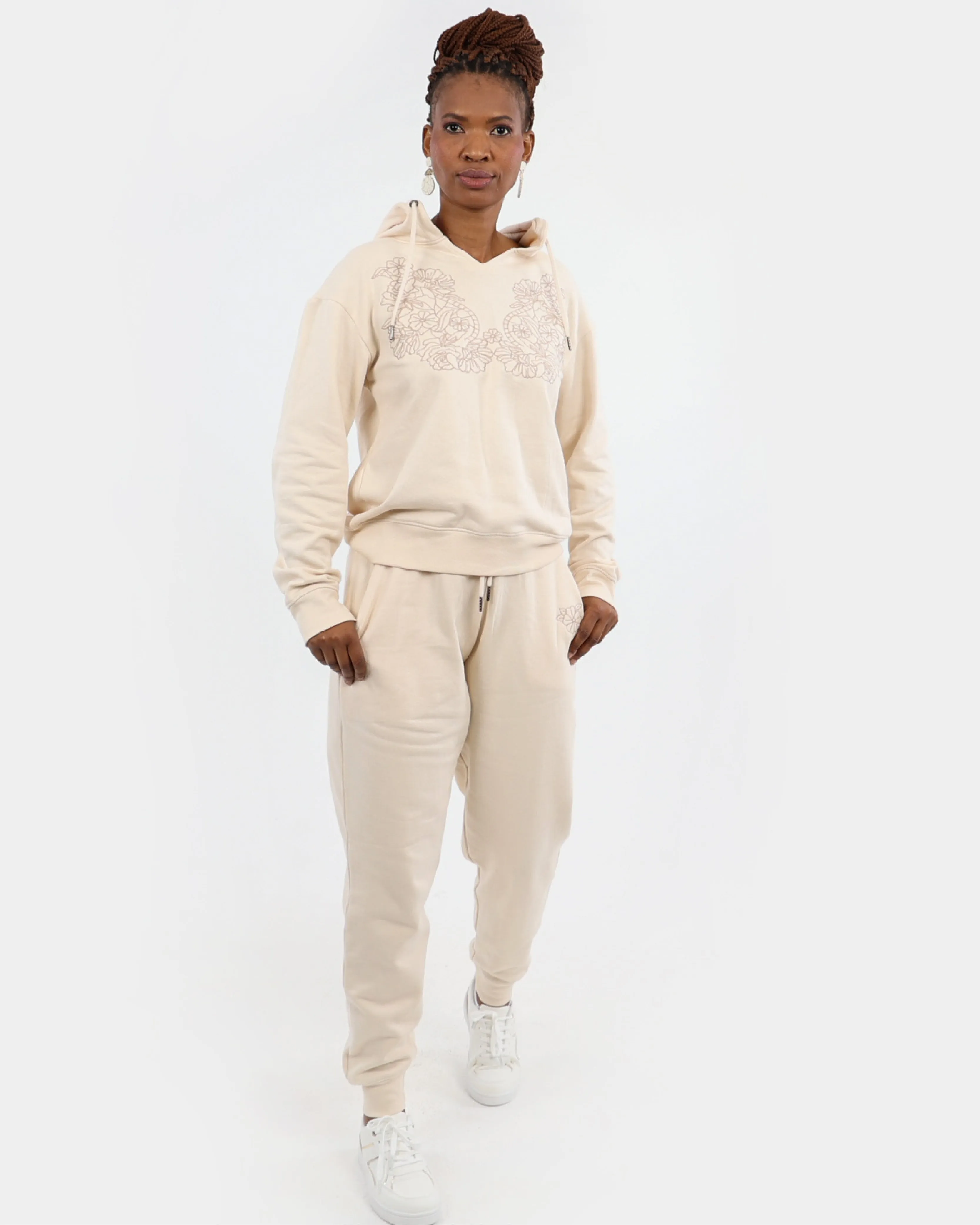 Cream Embroidered Joggers