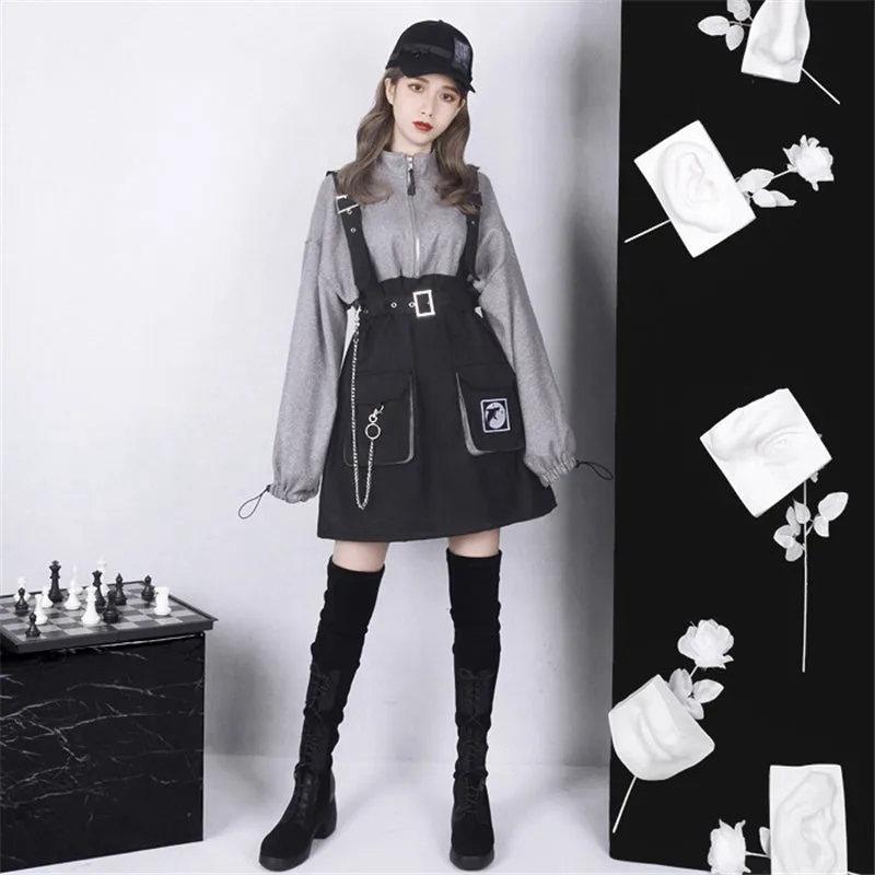 DARK CHAIN WHALE PATTERN SWEATSHIRT DRESS UB2543