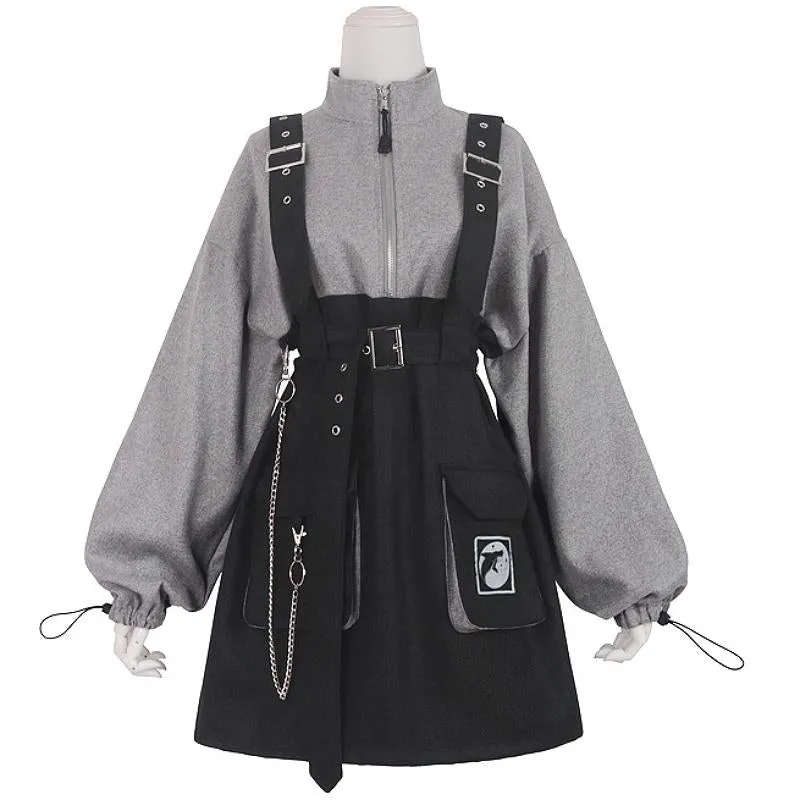 DARK CHAIN WHALE PATTERN SWEATSHIRT DRESS UB2543