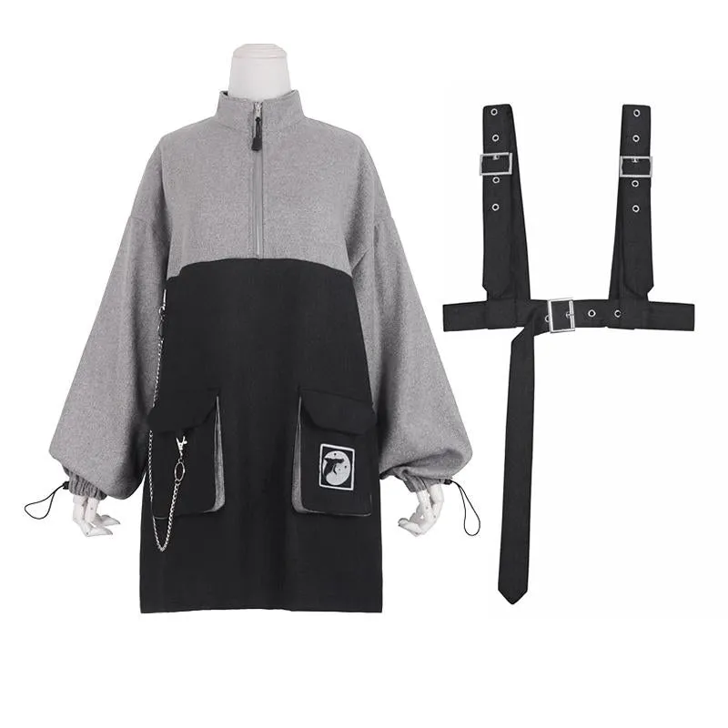 DARK CHAIN WHALE PATTERN SWEATSHIRT DRESS UB2543
