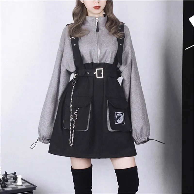 DARK CHAIN WHALE PATTERN SWEATSHIRT DRESS UB2543