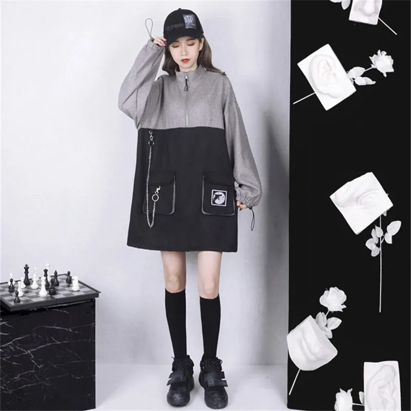 DARK CHAIN WHALE PATTERN SWEATSHIRT DRESS UB2543