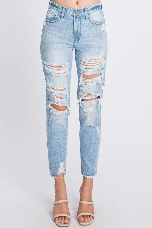 DISTRESSED HIGH WAISTED RIGID MOM JEANS