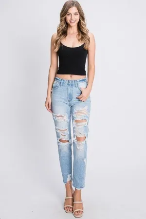 DISTRESSED HIGH WAISTED RIGID MOM JEANS