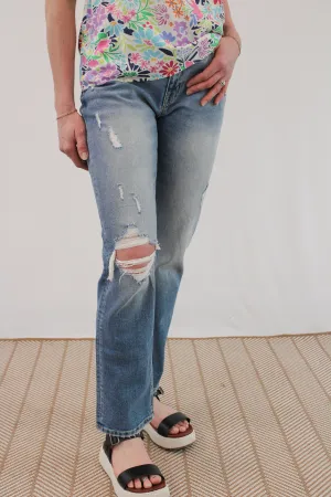 ELAINE MEDIUM MID RISE SLIM STRAIGHT DISTRESSED JEANS