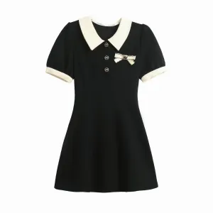 Elegant Button-up Skater Skater Dress with a Bow Decoration