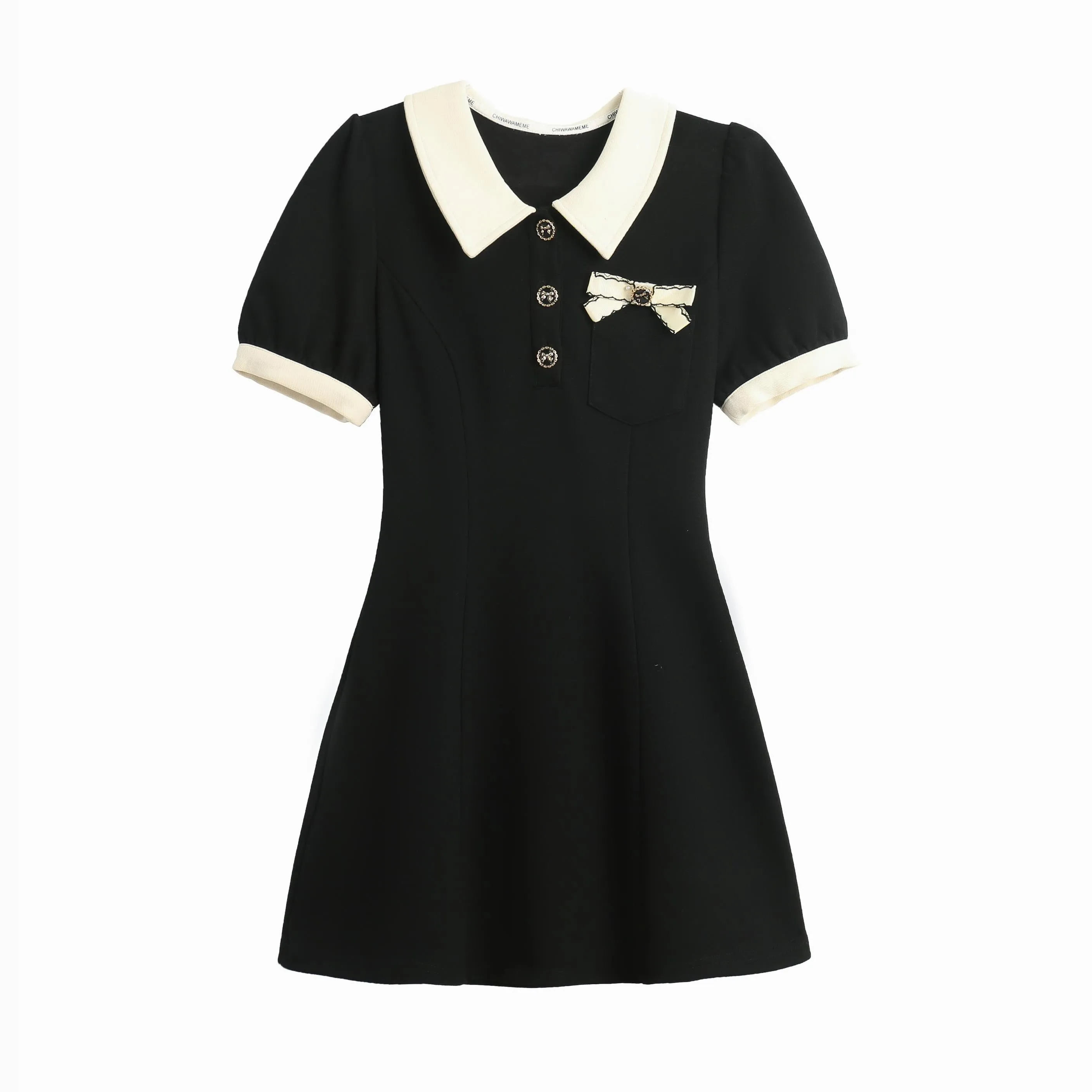 Elegant Button-up Skater Skater Dress with a Bow Decoration
