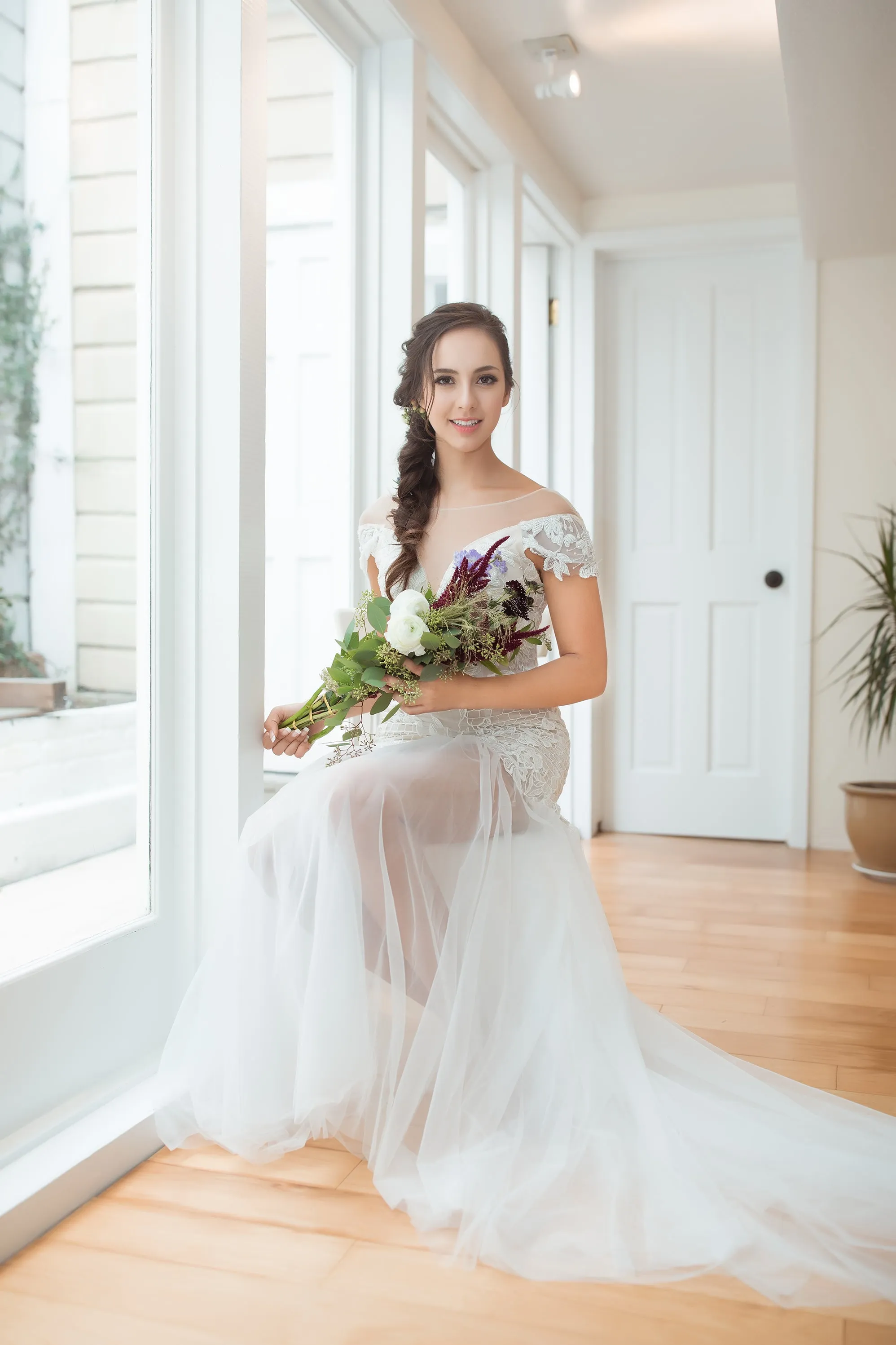 Estela - Selena Huan off-the-shoulder crystal and pearl beaded Israel lace illusive back light mermaid gown