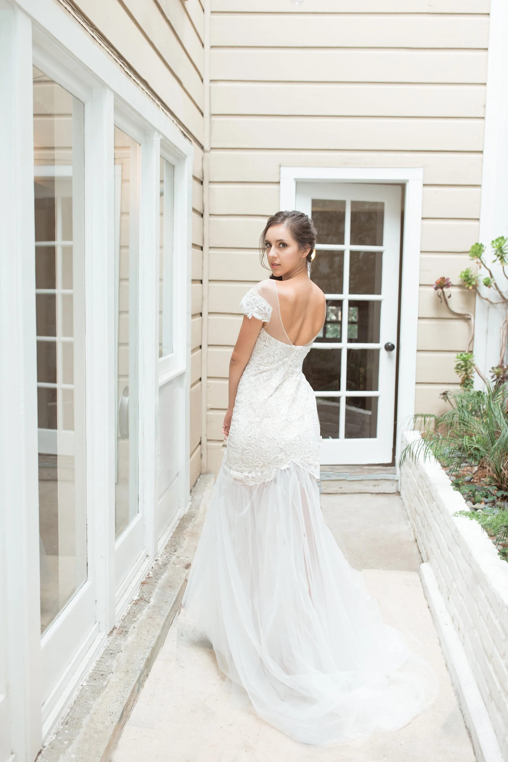 Estela - Selena Huan off-the-shoulder crystal and pearl beaded Israel lace illusive back light mermaid gown