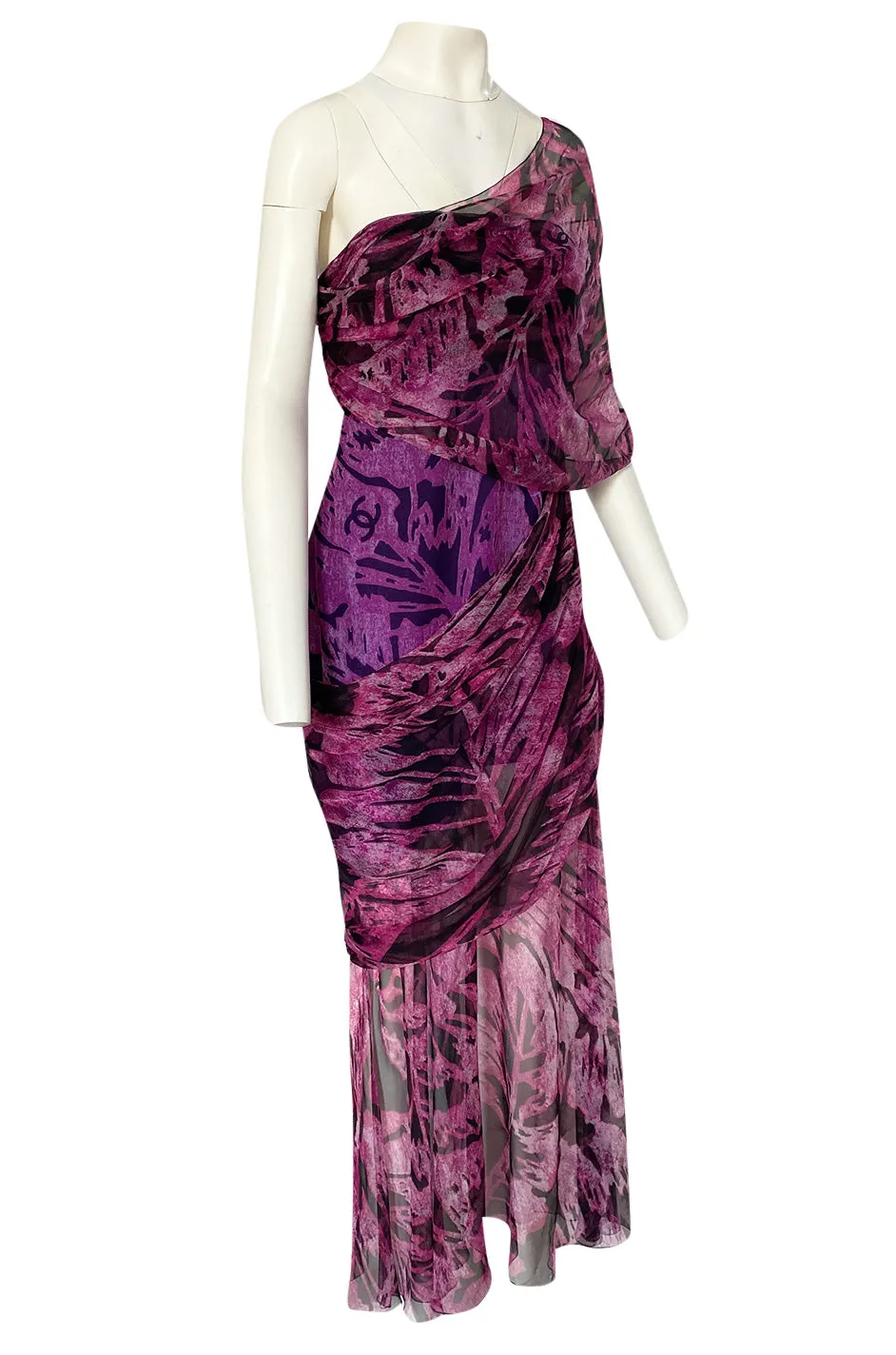 Fall 2000 Chanel by Karl Lagerfeld Runway One Shoulder Silk Chiffon Dress