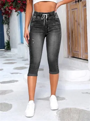 Female Elastic Waist Drawstring Sexy Stretchy Ripped Jeans