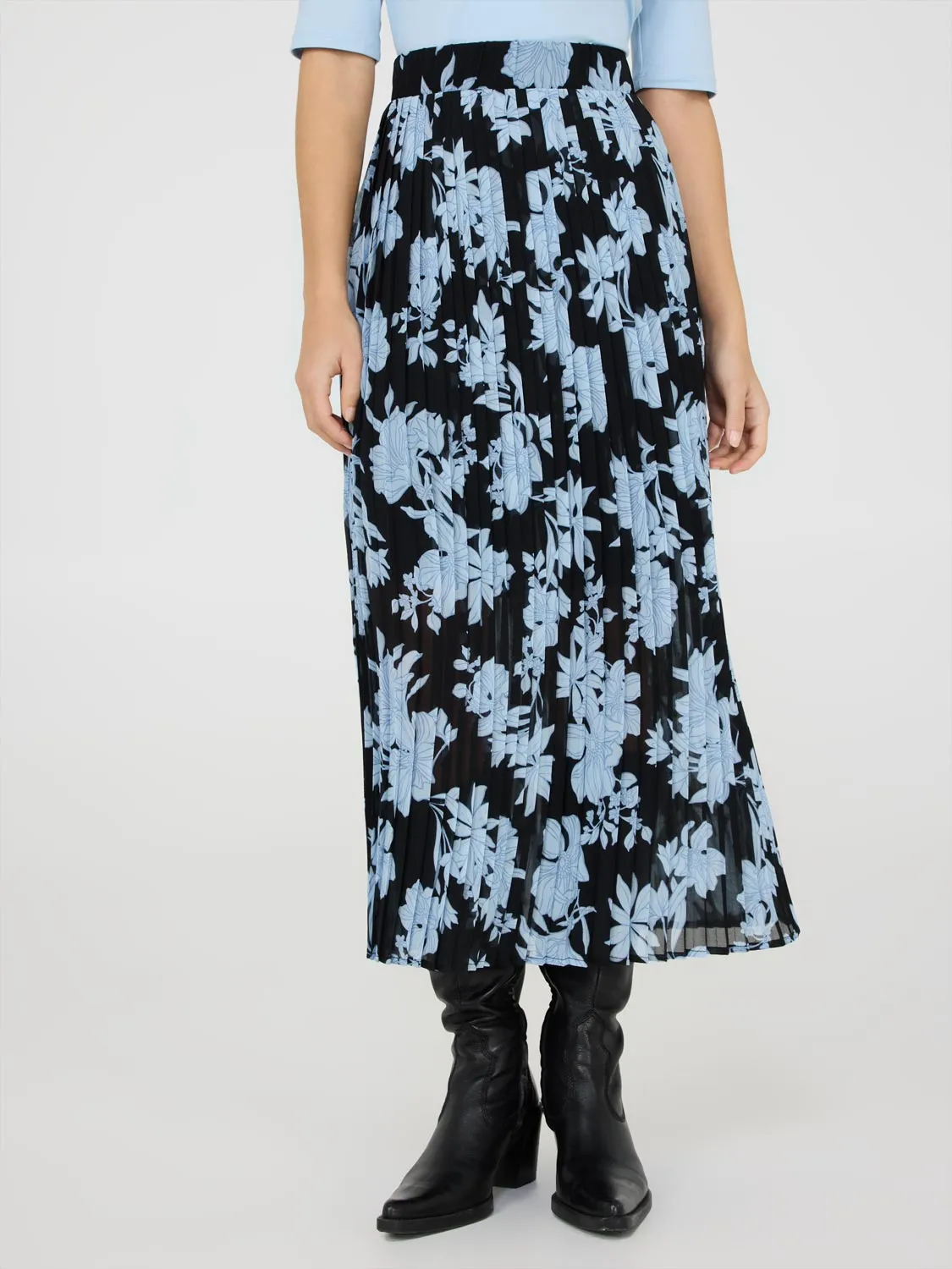 Floral Print Pleated Chiffon Midi Skirt