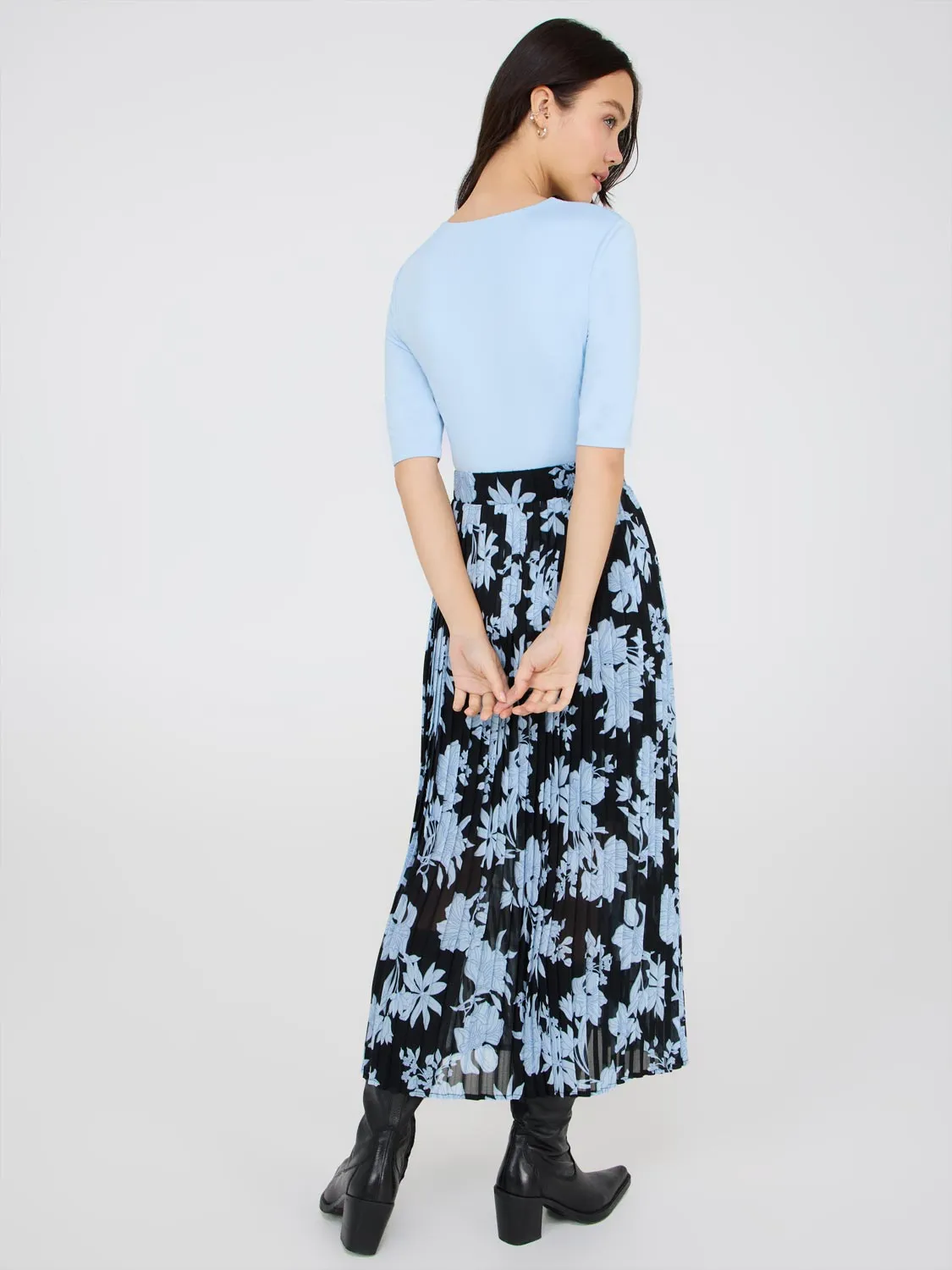 Floral Print Pleated Chiffon Midi Skirt