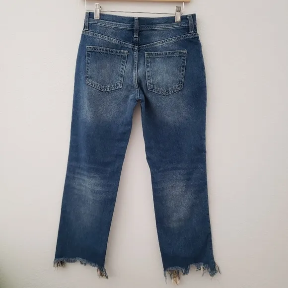 Free People Womens Maggie Mid Rise Straight Jeans Size 25 Sequoia Blue Raw Hem
