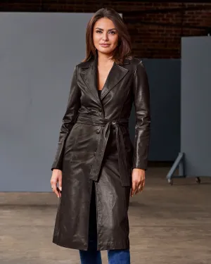 Genuine Leather Shaped Trench Coat Chocolate