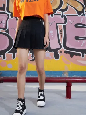 Girls Black Acid Wash Denim Front Pleated Skorts