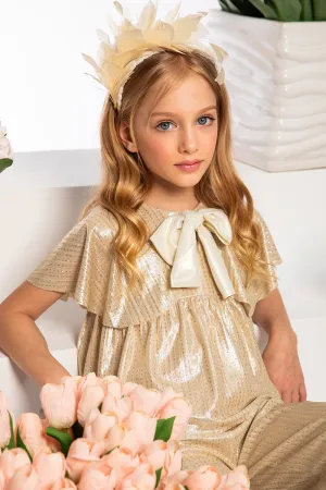 Gold micro pleated top with bow