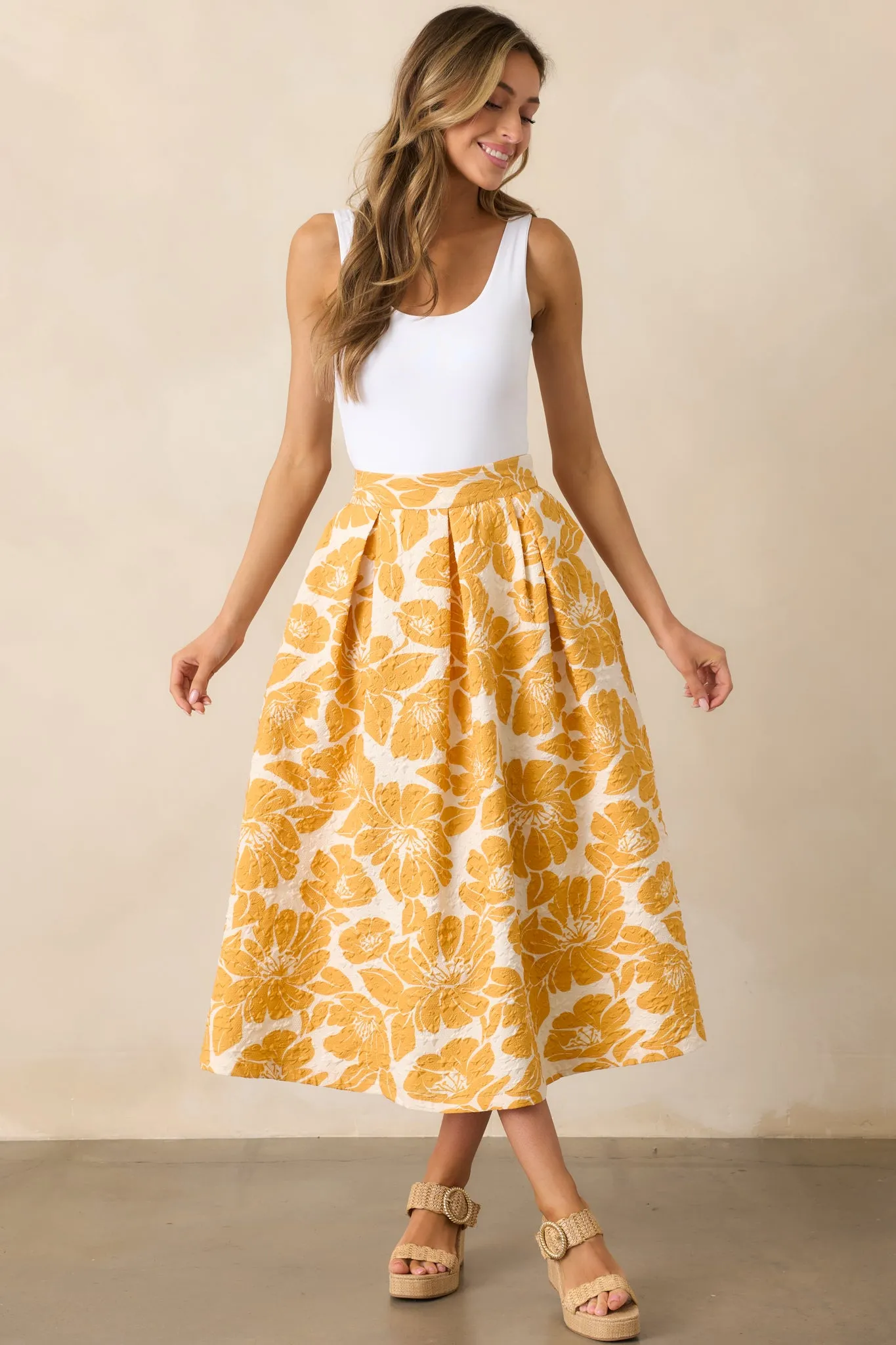 Golden Hour Yellow Floral Jacquard Midi Skirt