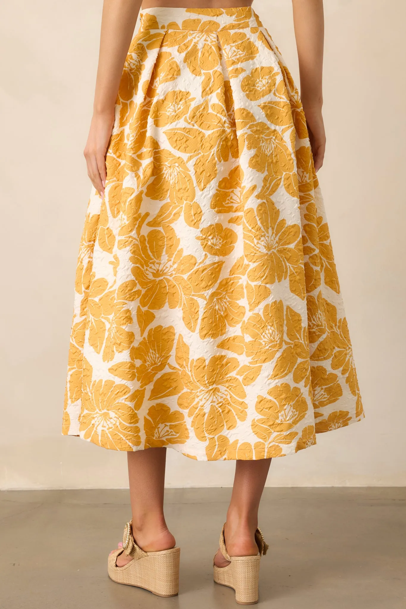 Golden Hour Yellow Floral Jacquard Midi Skirt