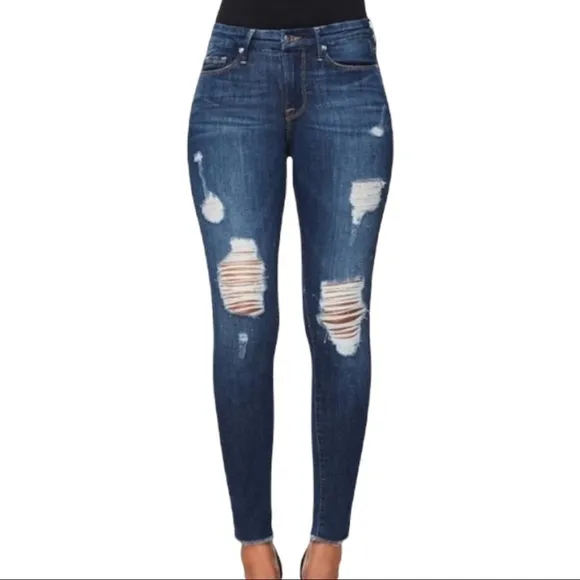 Good American Good Legs Destructed Skinny Jeans GAGLRE899,Blue Size 24 (00)