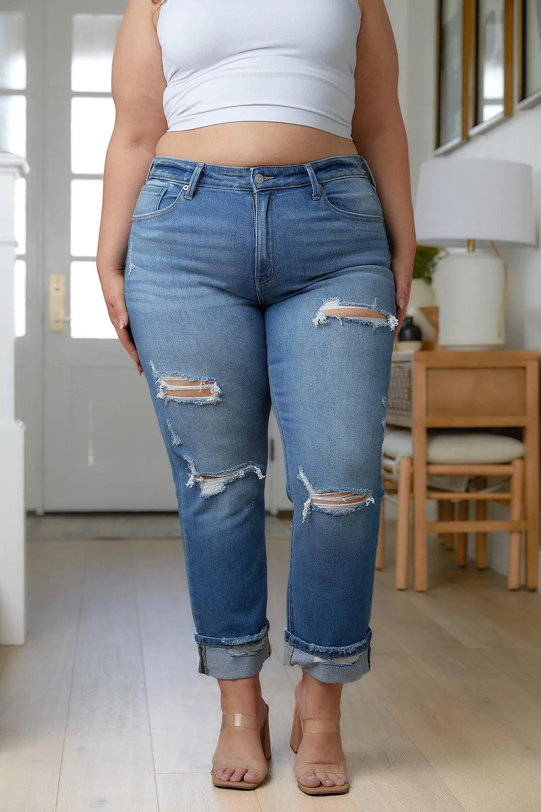Hazel Blues® |  Belinda High Rise Distressed Straight Jeans