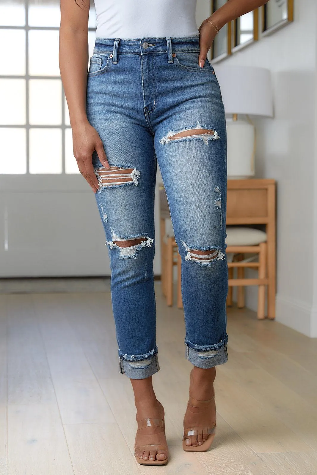 Hazel Blues® |  Belinda High Rise Distressed Straight Jeans