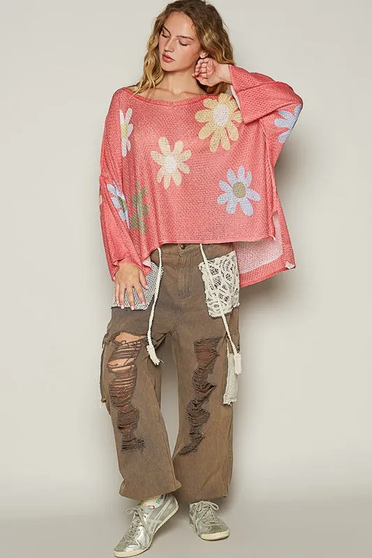 Hazel Blues® |  POL Flower Dropped Shoulder Long Sleeve Knit Top
