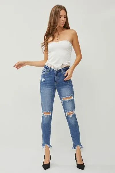 Hazel Blues® |  RISEN Distressed Frayed Hem Slim Jeans