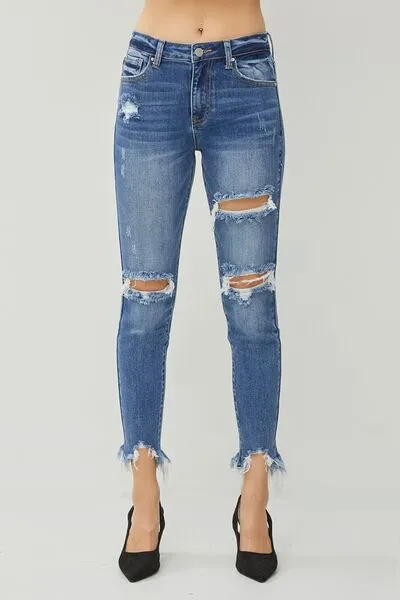 Hazel Blues® |  RISEN Distressed Frayed Hem Slim Jeans