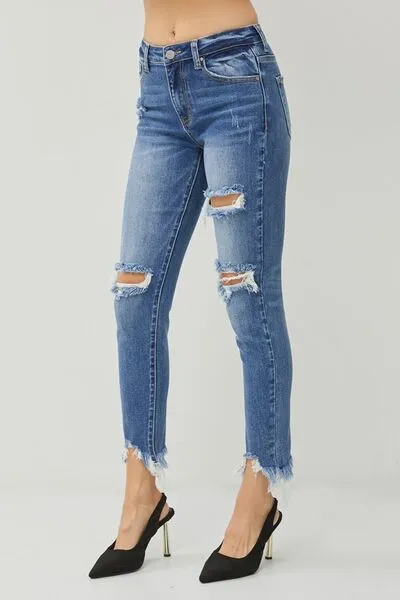 Hazel Blues® |  RISEN Distressed Frayed Hem Slim Jeans