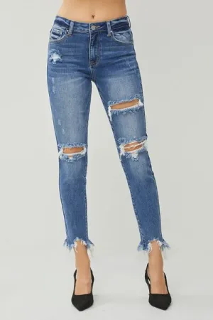 Hazel Blues® |  RISEN Distressed Frayed Hem Slim Jeans