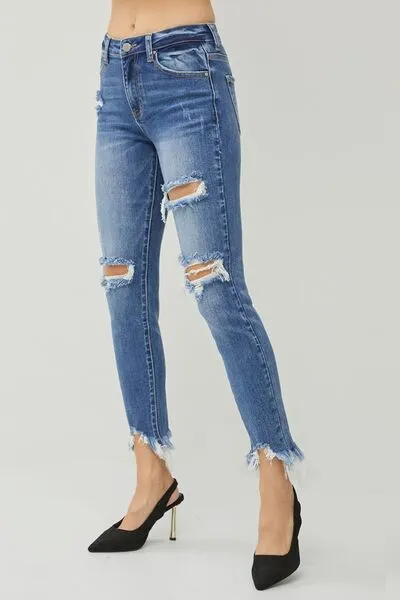 Hazel Blues® |  RISEN Distressed Frayed Hem Slim Jeans