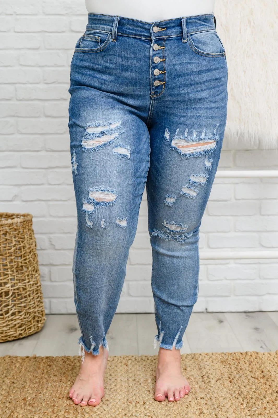 Hazel Blues® | Skye Destroyed Button Fly Skinny