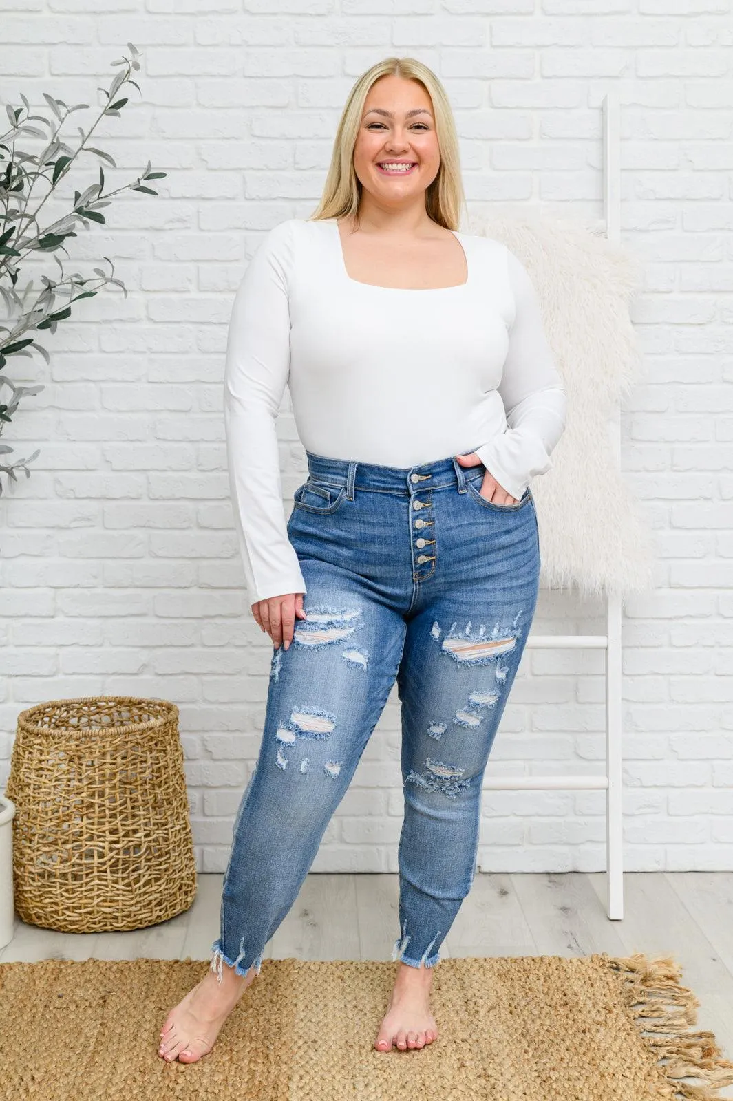 Hazel Blues® | Skye Destroyed Button Fly Skinny