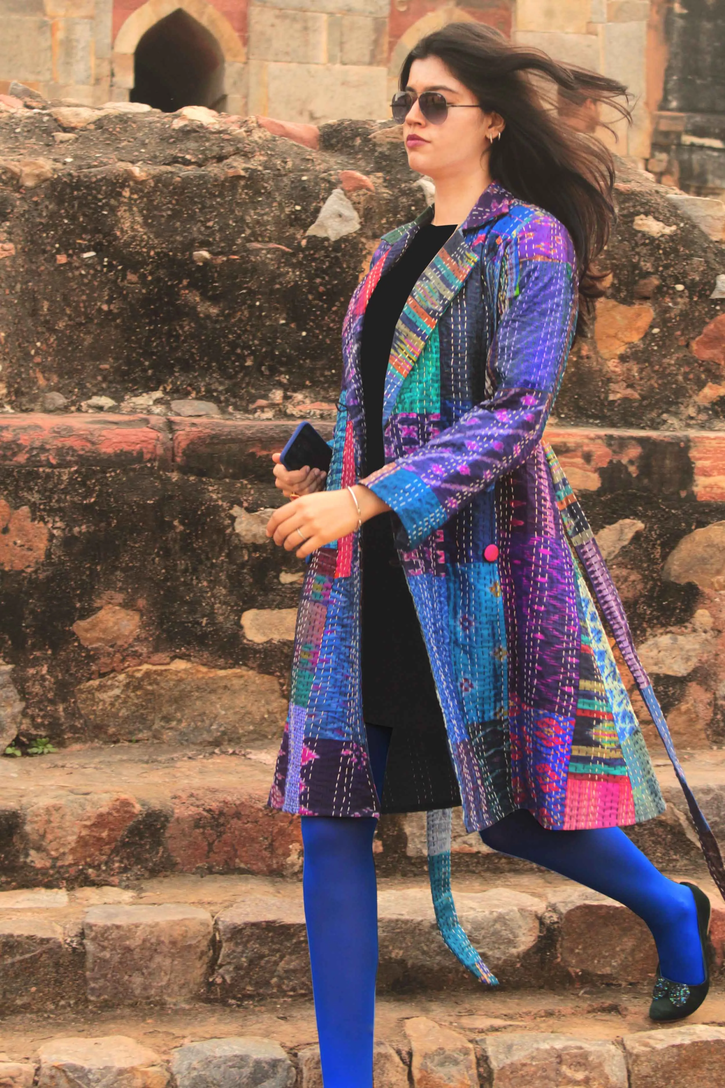 HENNESSY - BEWITCHING BLUES PATOLA SILK PATCHWORK KANTHA TRENCH COAT