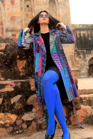 HENNESSY - BEWITCHING BLUES PATOLA SILK PATCHWORK KANTHA TRENCH COAT