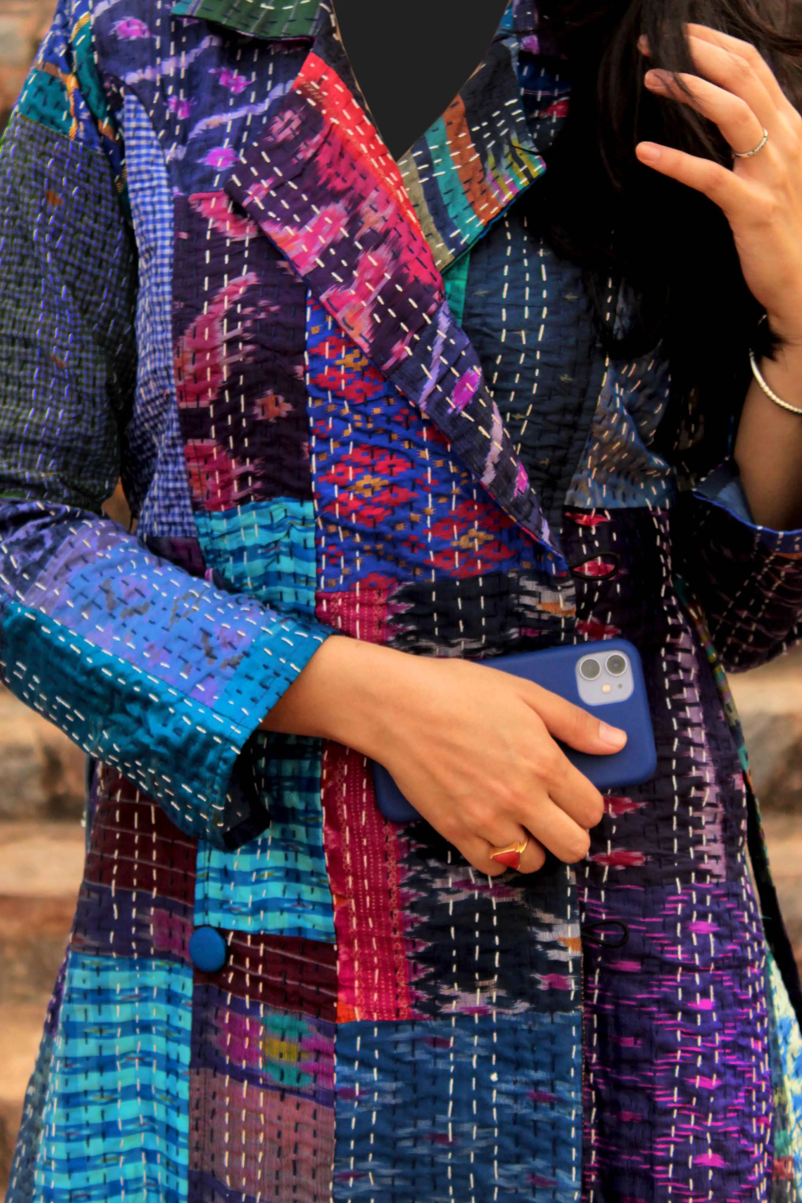 HENNESSY - BEWITCHING BLUES PATOLA SILK PATCHWORK KANTHA TRENCH COAT