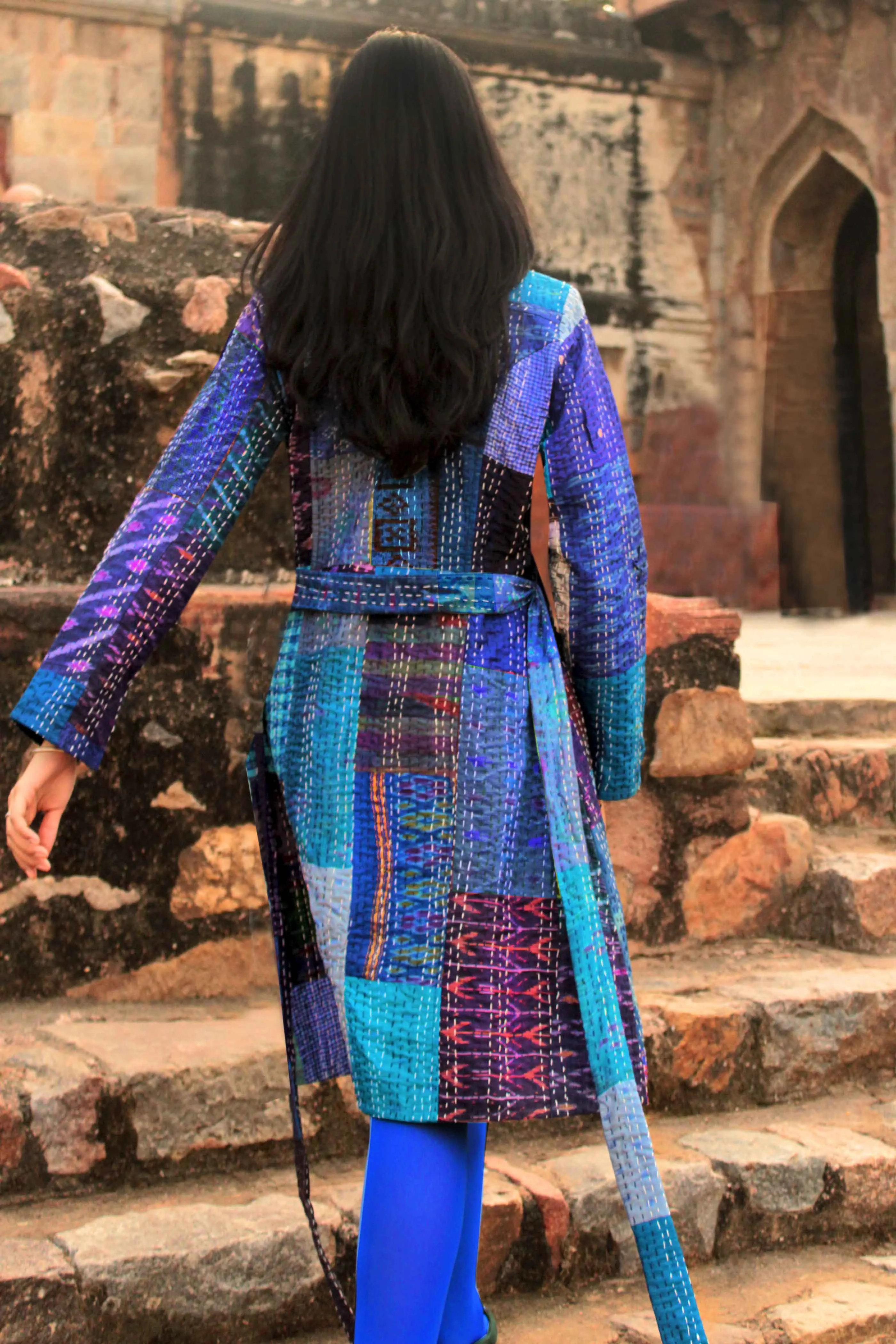 HENNESSY - BEWITCHING BLUES PATOLA SILK PATCHWORK KANTHA TRENCH COAT