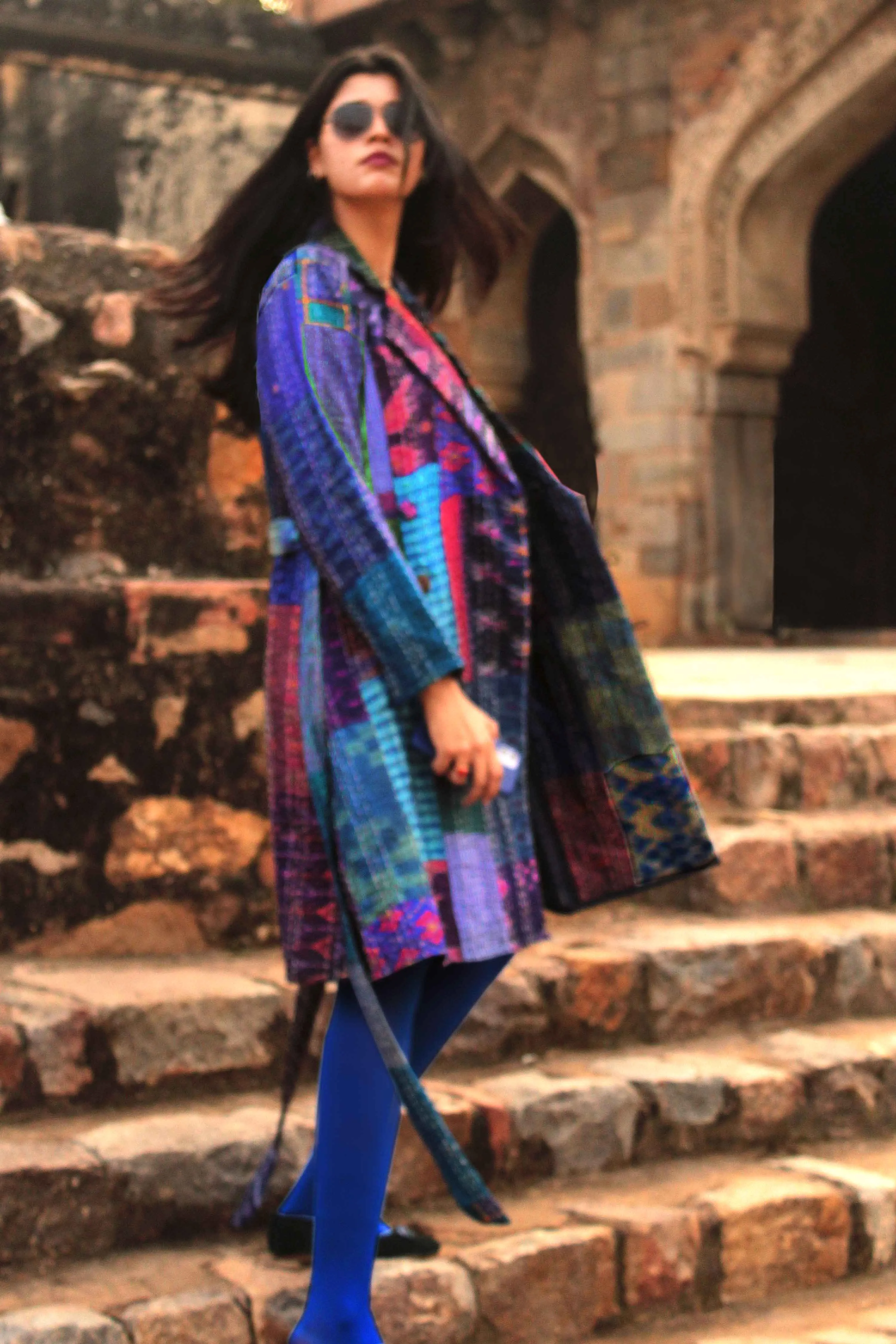 HENNESSY - BEWITCHING BLUES PATOLA SILK PATCHWORK KANTHA TRENCH COAT