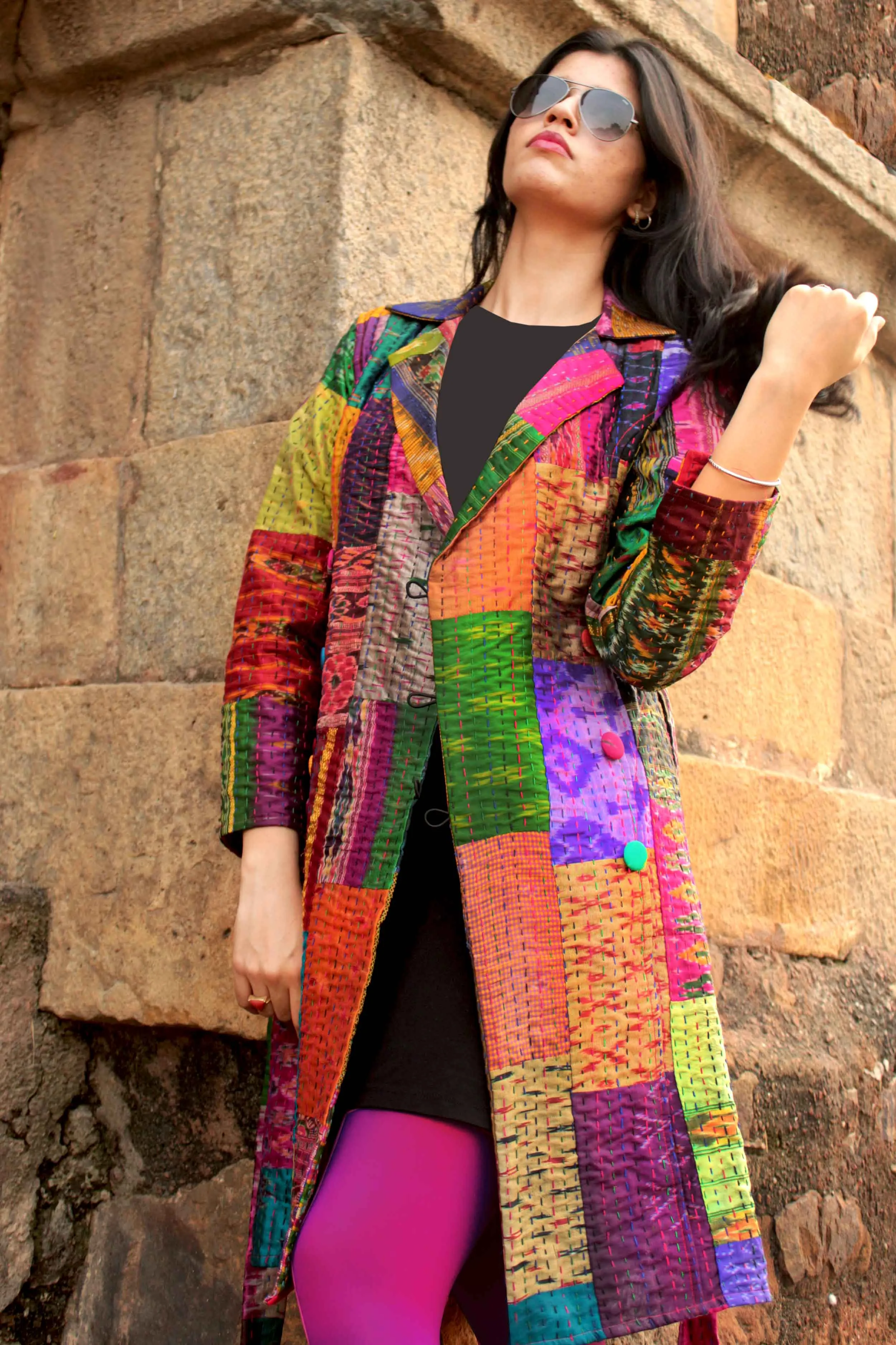 HENNESSY - ENIGMATIC MULTICOLOUR PATOLA SILK PATCHWORK KANTHA TRENCH COAT