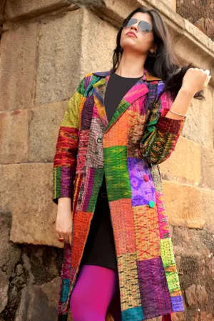 HENNESSY - ENIGMATIC MULTICOLOUR PATOLA SILK PATCHWORK KANTHA TRENCH COAT