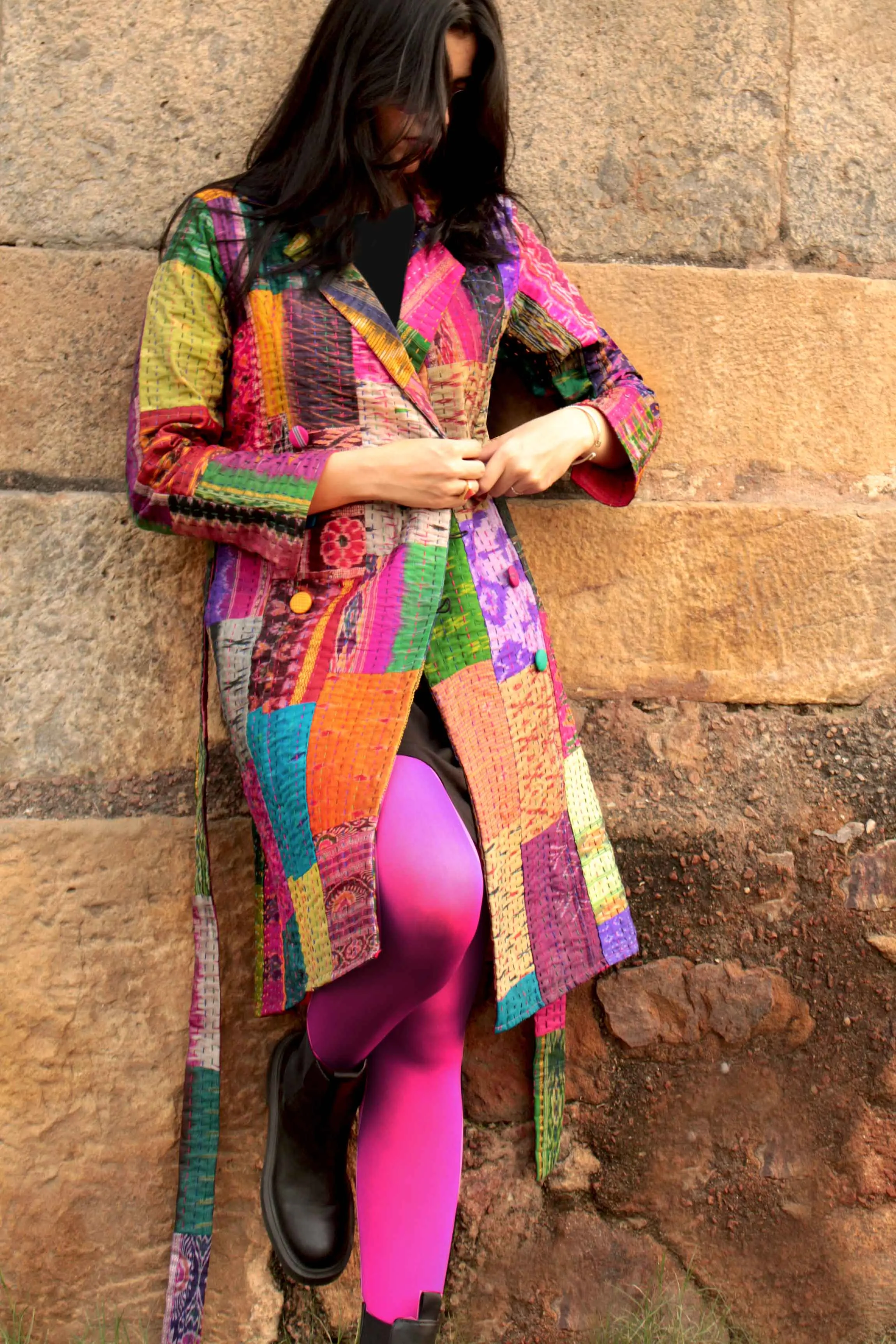 HENNESSY - ENIGMATIC MULTICOLOUR PATOLA SILK PATCHWORK KANTHA TRENCH COAT