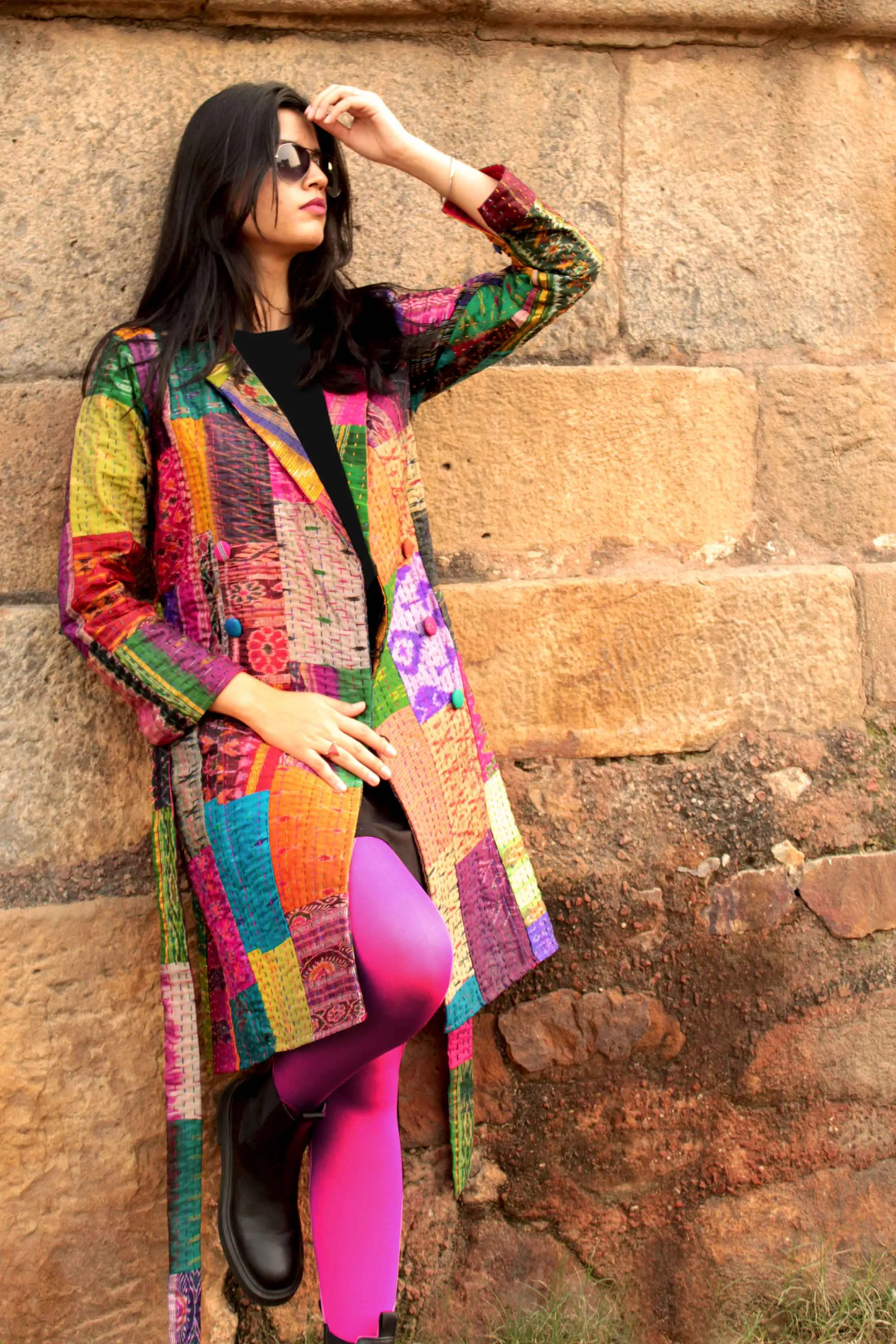 HENNESSY - ENIGMATIC MULTICOLOUR PATOLA SILK PATCHWORK KANTHA TRENCH COAT