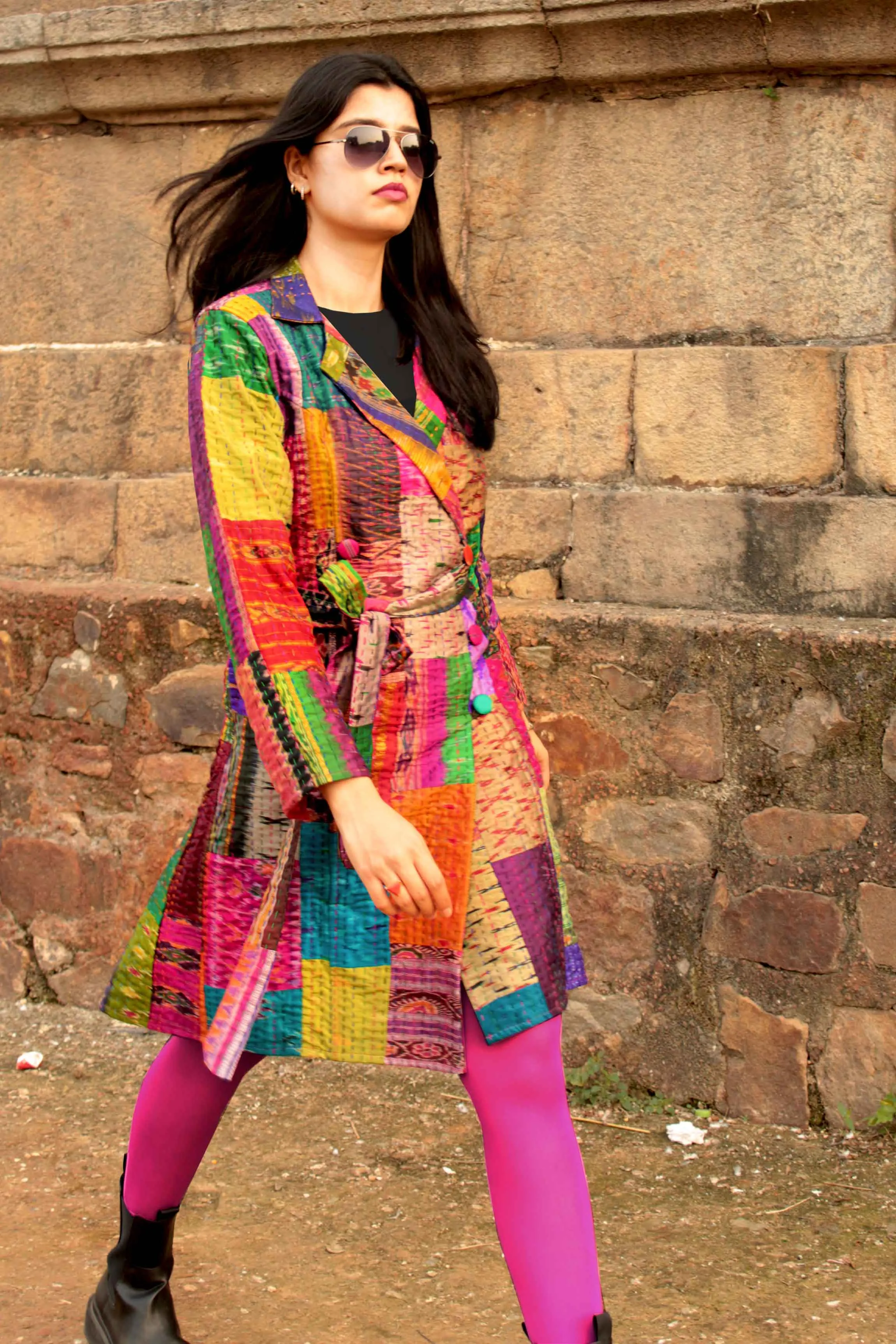 HENNESSY - ENIGMATIC MULTICOLOUR PATOLA SILK PATCHWORK KANTHA TRENCH COAT