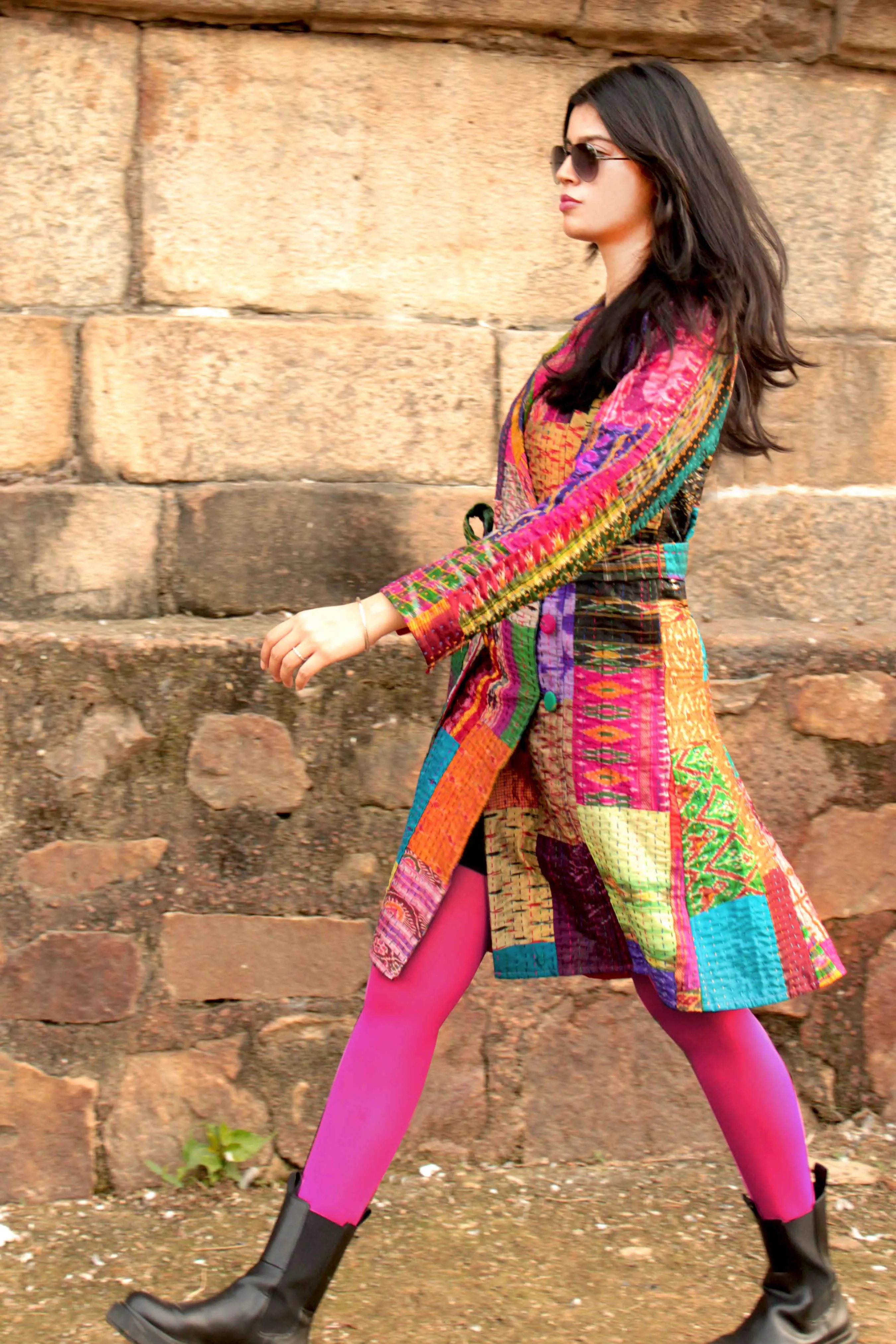 HENNESSY - ENIGMATIC MULTICOLOUR PATOLA SILK PATCHWORK KANTHA TRENCH COAT